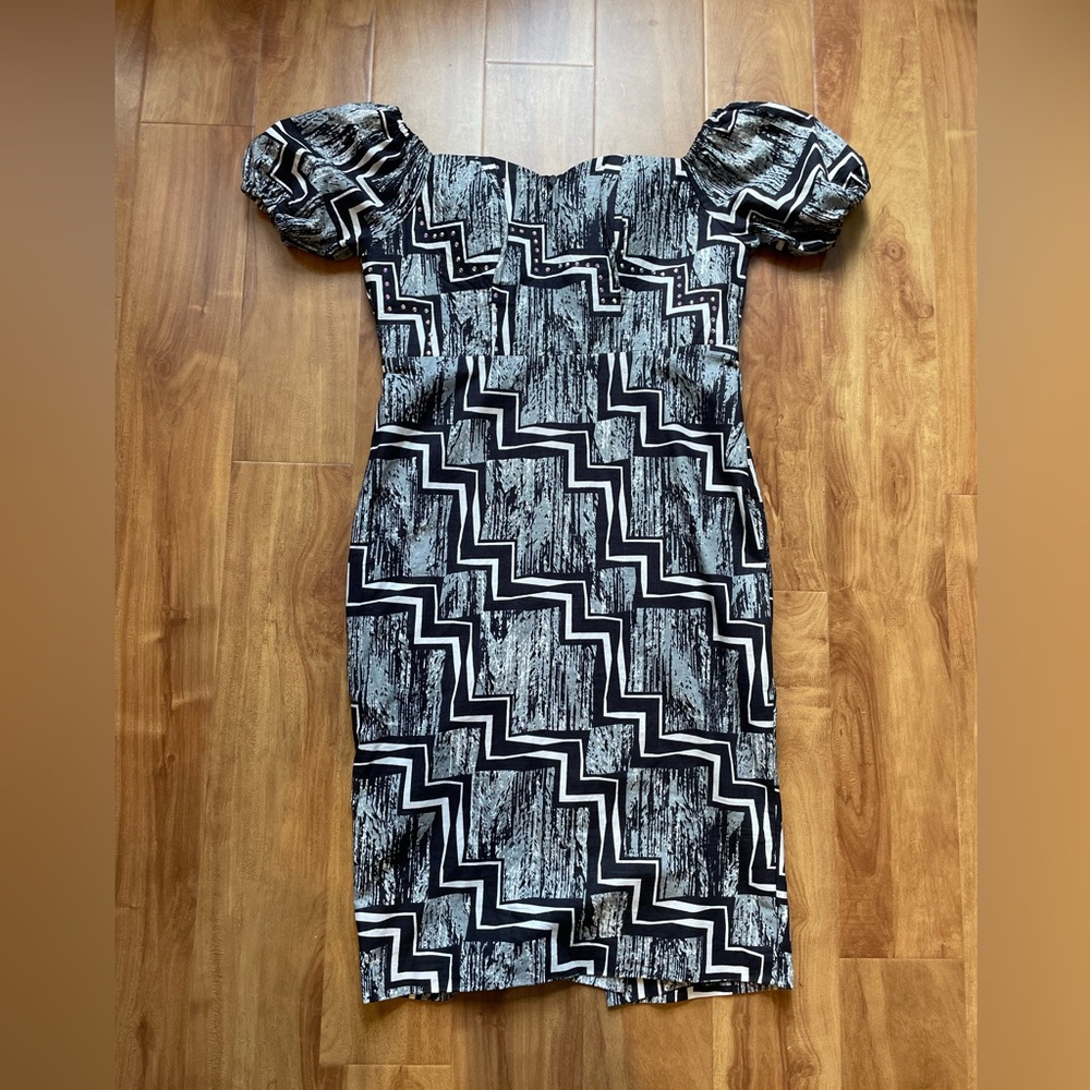 Handmade Vintage Black & Grey Sweetheart Off Shoulder Wiggle Dress, Sz Small